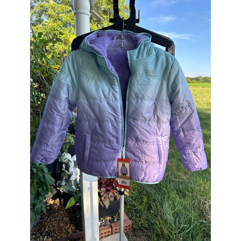 Eddie Bauer Youth Reversible Jacket Ombre Blue Purple Fleece Hood Puffer M 10/12